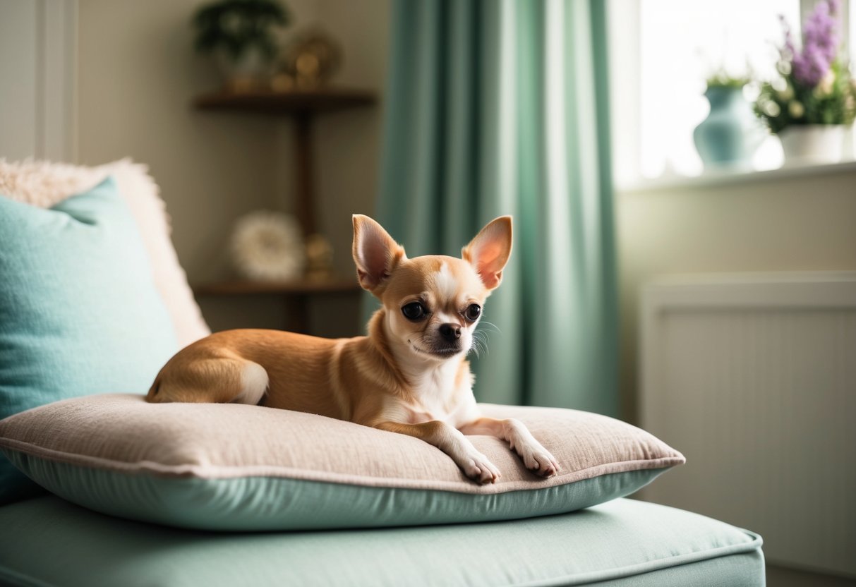 A serene Chihuahua lounging on a plush cushion in a sunlit room, surrounded by tranquil decor and soft, soothing colors