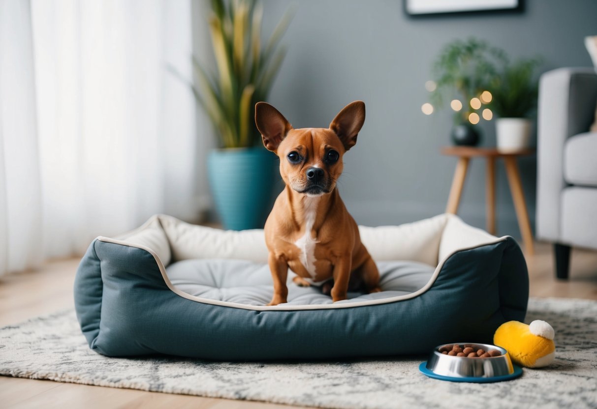 A small, affordable dog sitting on a budget-friendly bed with a food bowl and toys nearby