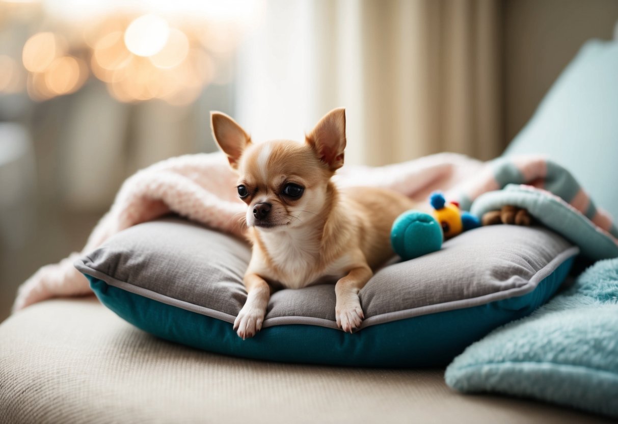 A small, serene Chihuahua rests peacefully on a cushion, surrounded by soft blankets and toys
