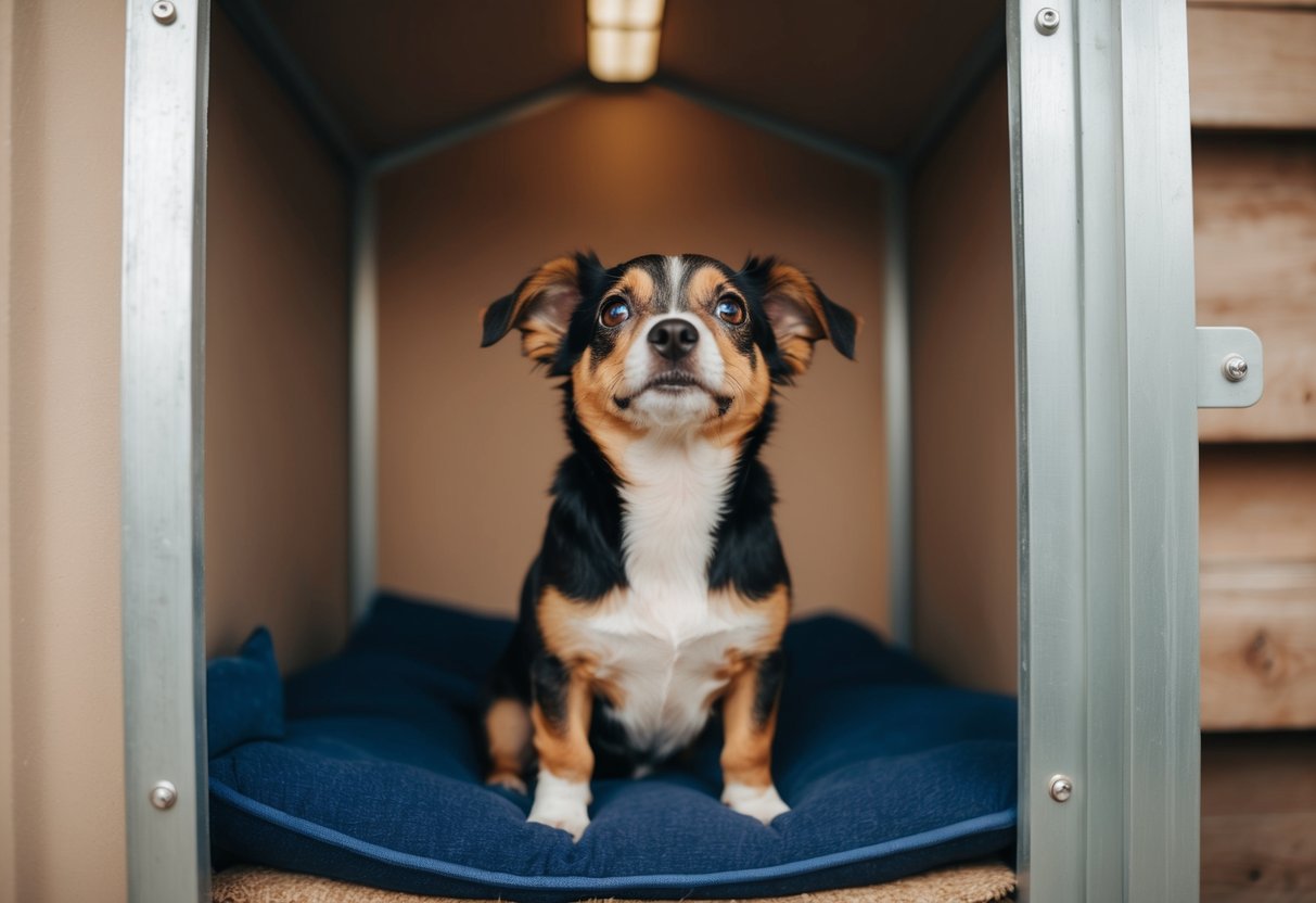 A small mixed breed dog sits in a cozy shelter, looking up with hopeful eyes
