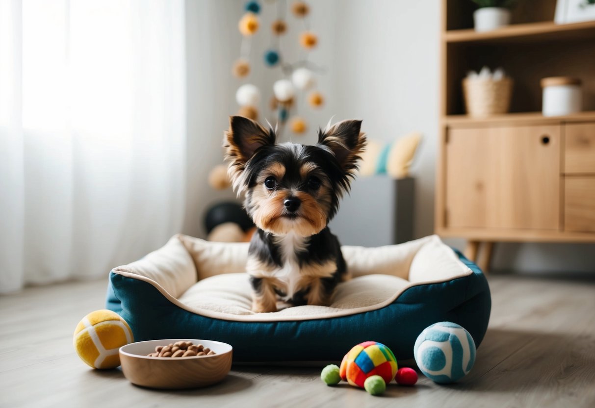 A small dog sitting in a cozy bed, surrounded by toys and a bowl of food