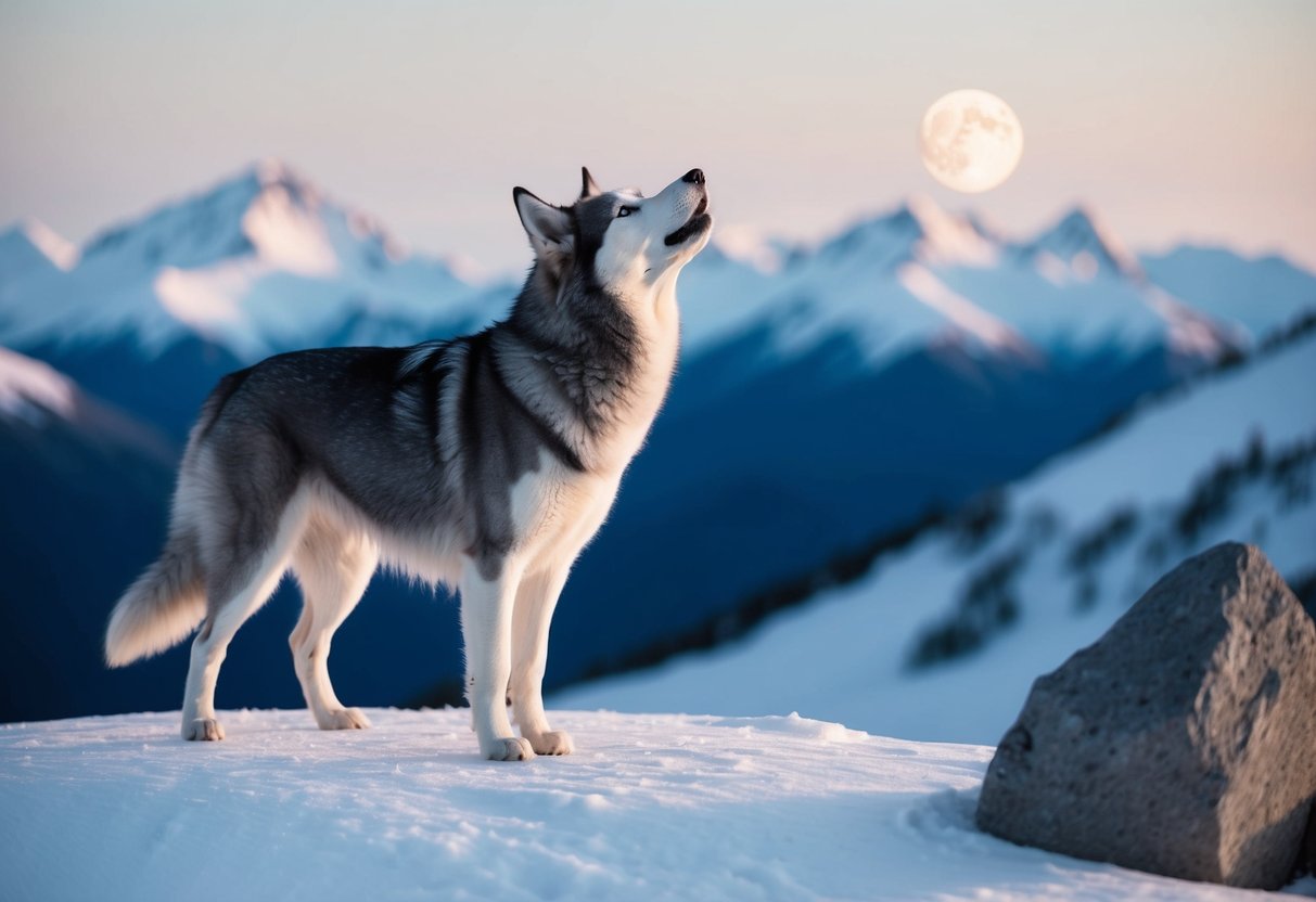 A majestic husky named Loki, standing on a snowy mountain peak, howling at the moon