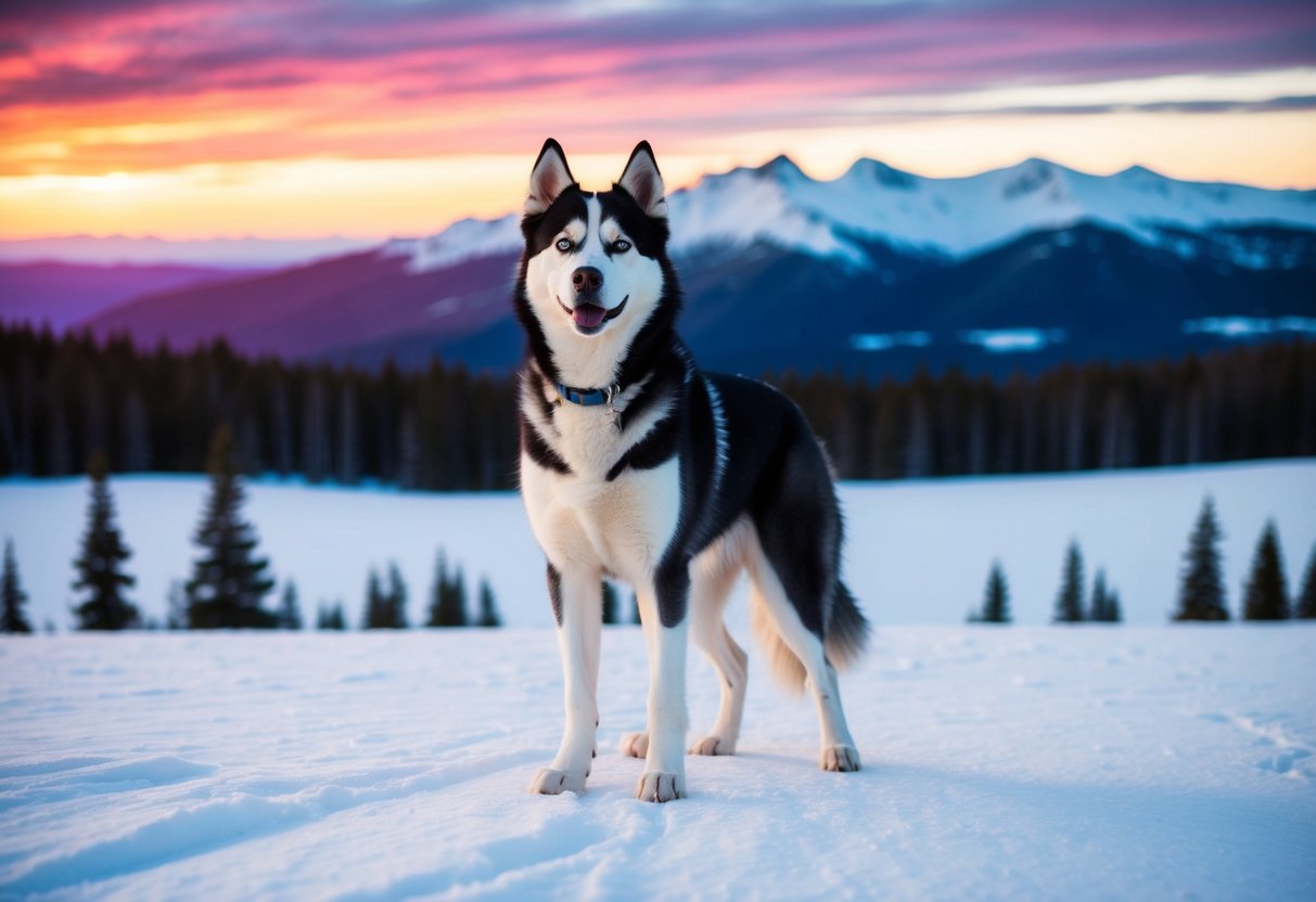 A majestic black and white husky stands proudly on a snow-covered mountain, with a backdrop of a vibrant sunset behind him