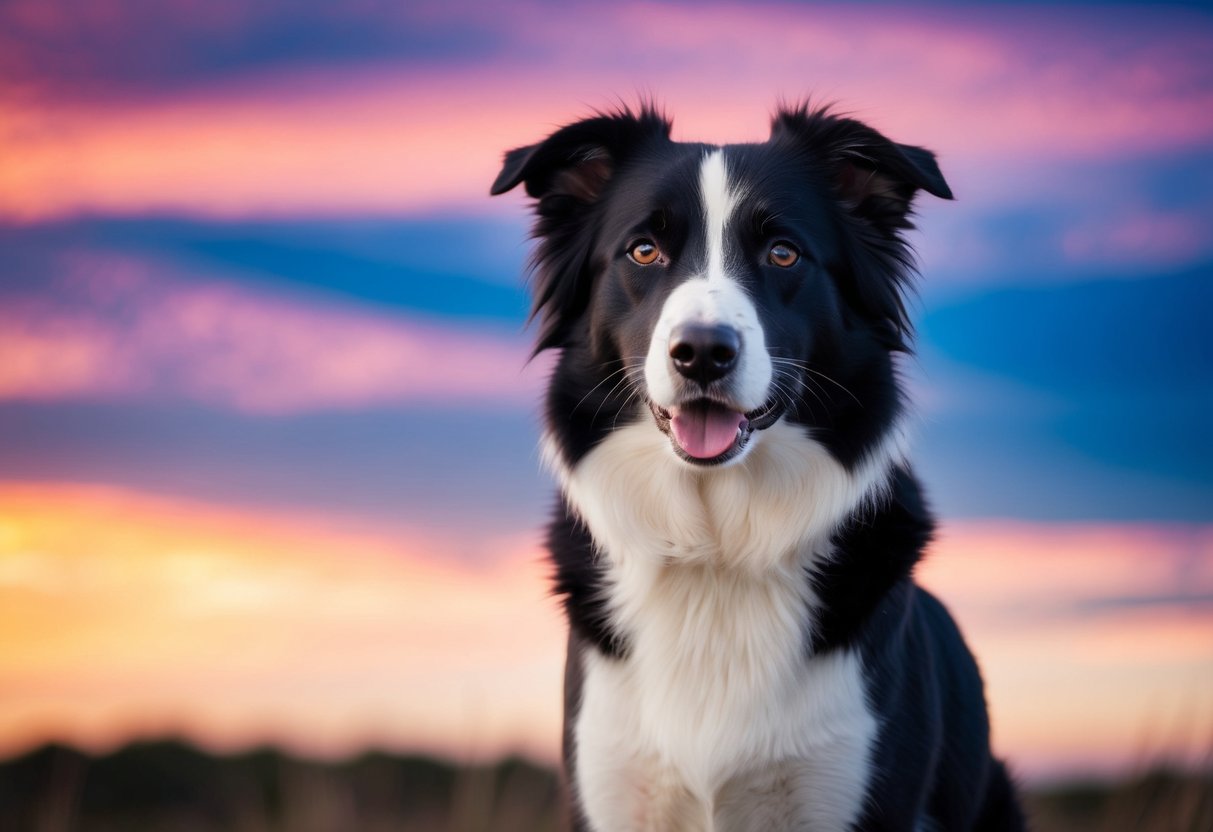 A sleek, black and white border collie stands proudly with a vibrant sunset as a backdrop, exuding confidence and intelligence