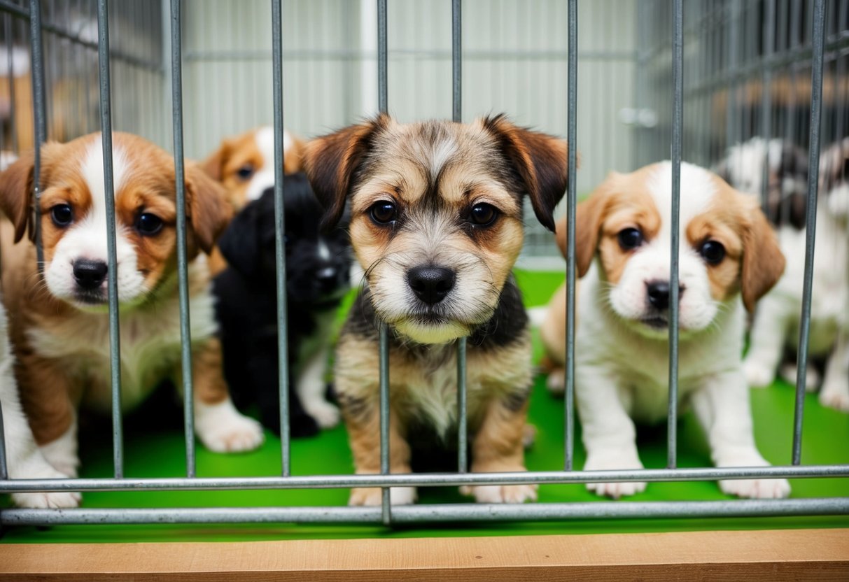 A small, scruffy dog sits in a wire cage at a pet store, surrounded by other puppies. Its sad eyes look out at potential buyers