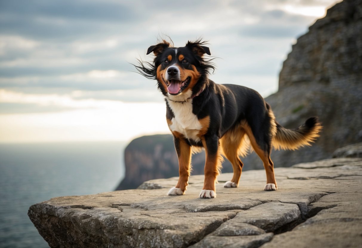 A fierce-looking dog standing proudly on a rocky cliff, with the wind blowing through its fur and a determined look in its eyes
