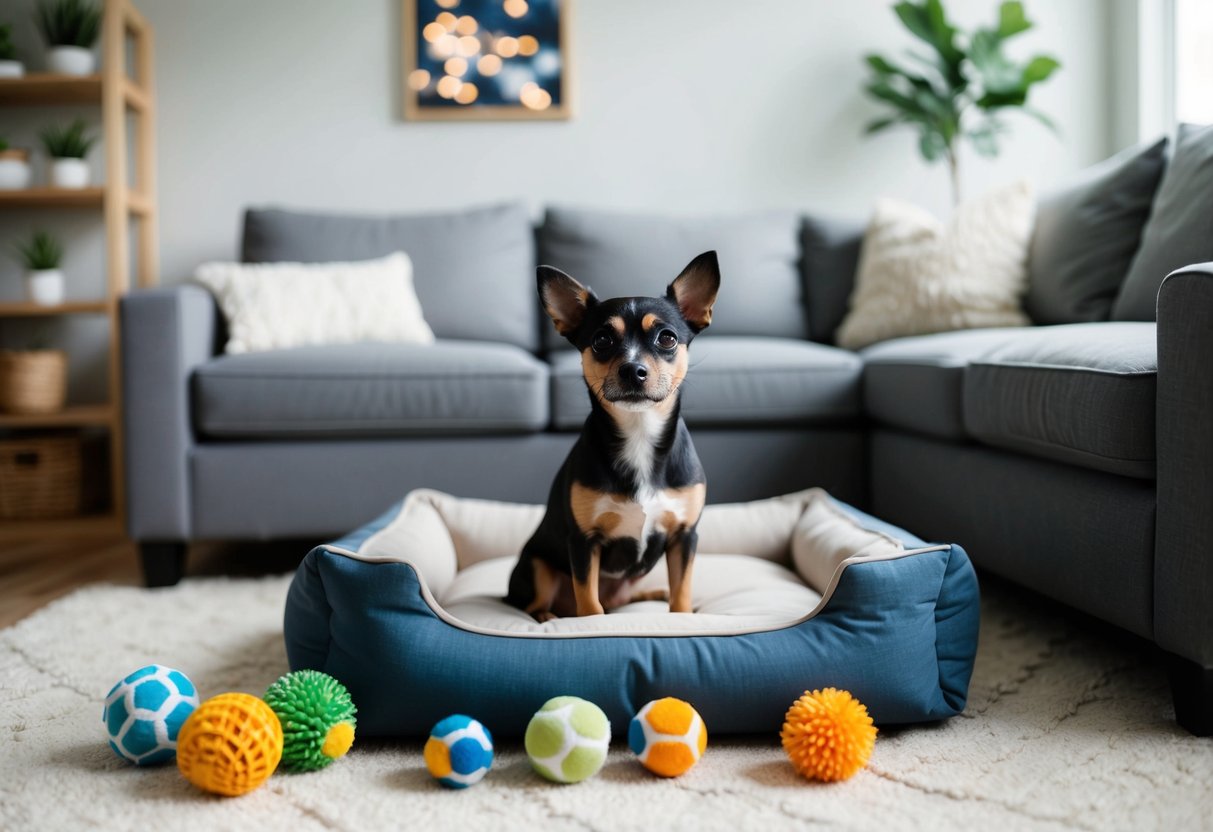 A small, mixed-breed dog sits in a cozy living room, surrounded by affordable dog toys and a budget-friendly dog bed