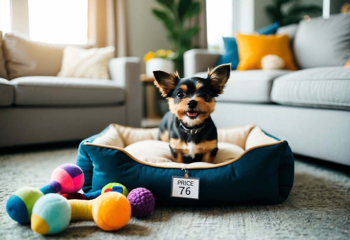 A small, playful dog sits in a cozy living room, surrounded by affordable dog toys and accessories. A price tag is visible on a dog bed