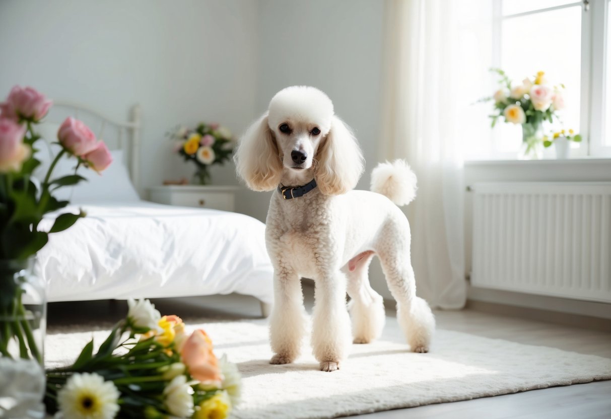 A white poodle stands in a pristine, sunlit room, surrounded by fresh flowers and clean, white linens