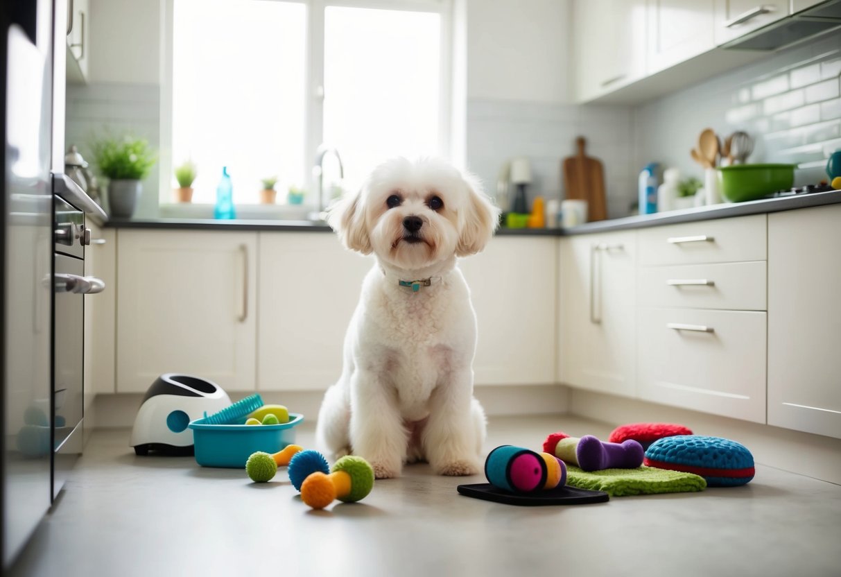 A white, fluffy Bichon Frise dog sits in a spotless, sunlit kitchen, surrounded by neatly arranged toys and grooming supplies