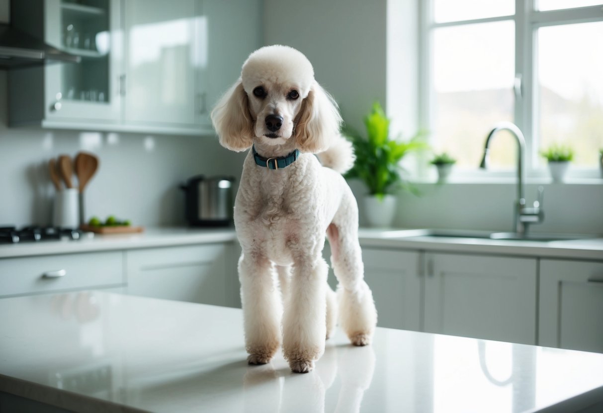 A white poodle stands in a spotless, gleaming kitchen, with a freshly groomed coat and a bright, alert expression