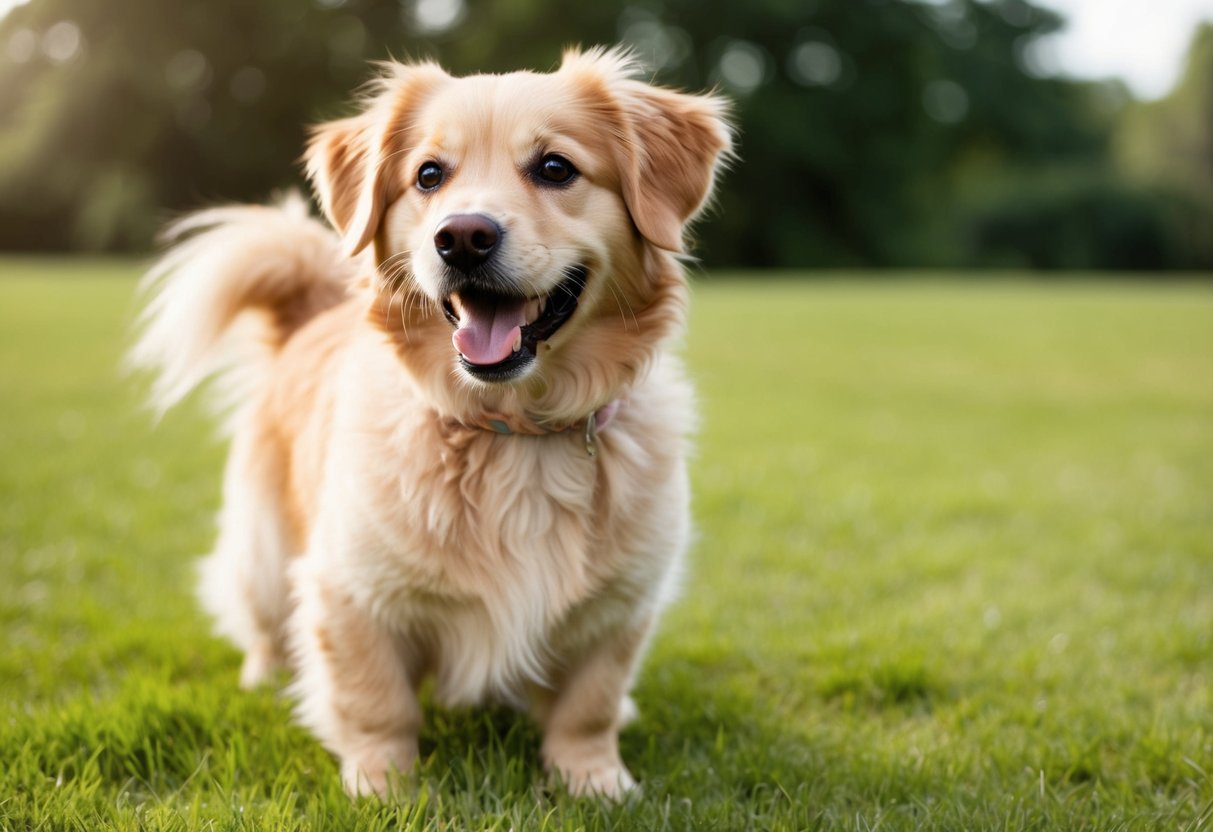 A small, fluffy golden retriever with a wagging tail and a big smile, eagerly greeting everyone with its gentle eyes and playful demeanor