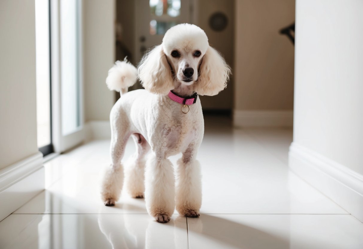 A white poodle standing on a pristine, white tile floor, with a freshly groomed coat and a sparkling, pink collar