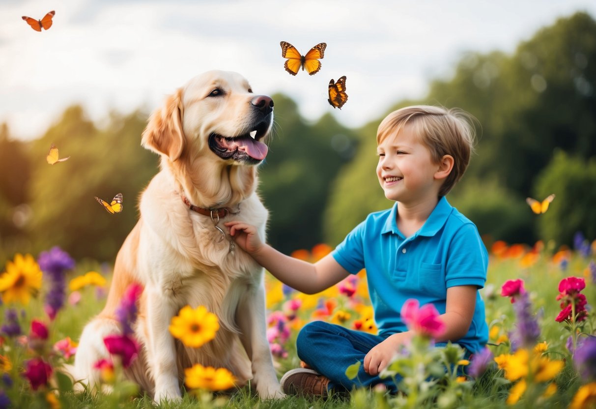 A golden retriever wagging its tail, sitting next to a smiling child, surrounded by colorful flowers and butterflies