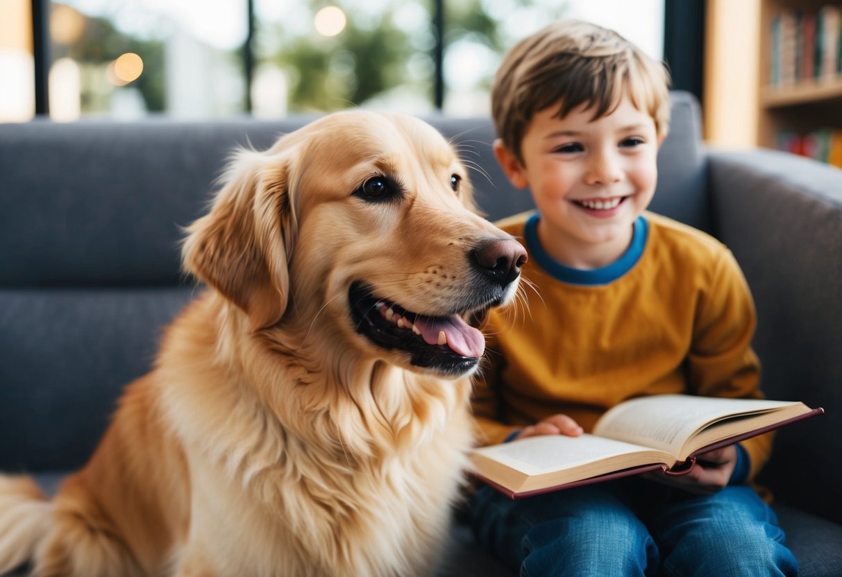 A fluffy golden retriever wagging its tail, sitting beside a smiling child with a book