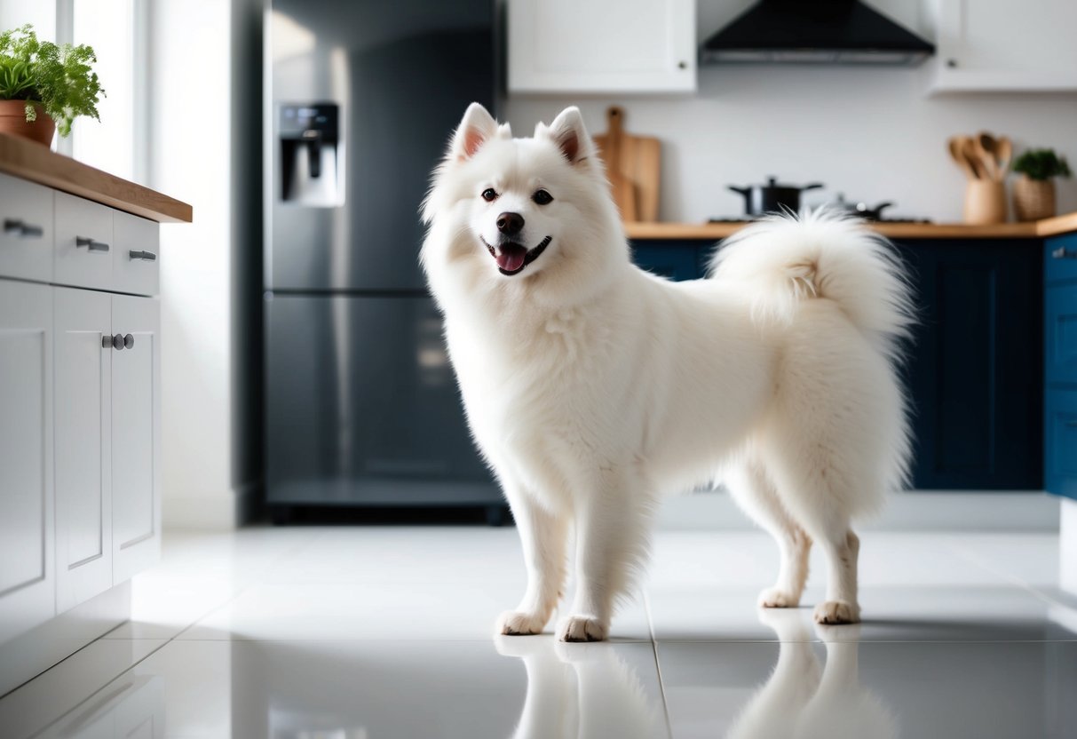 A white Samoyed dog standing on a spotless, gleaming kitchen floor