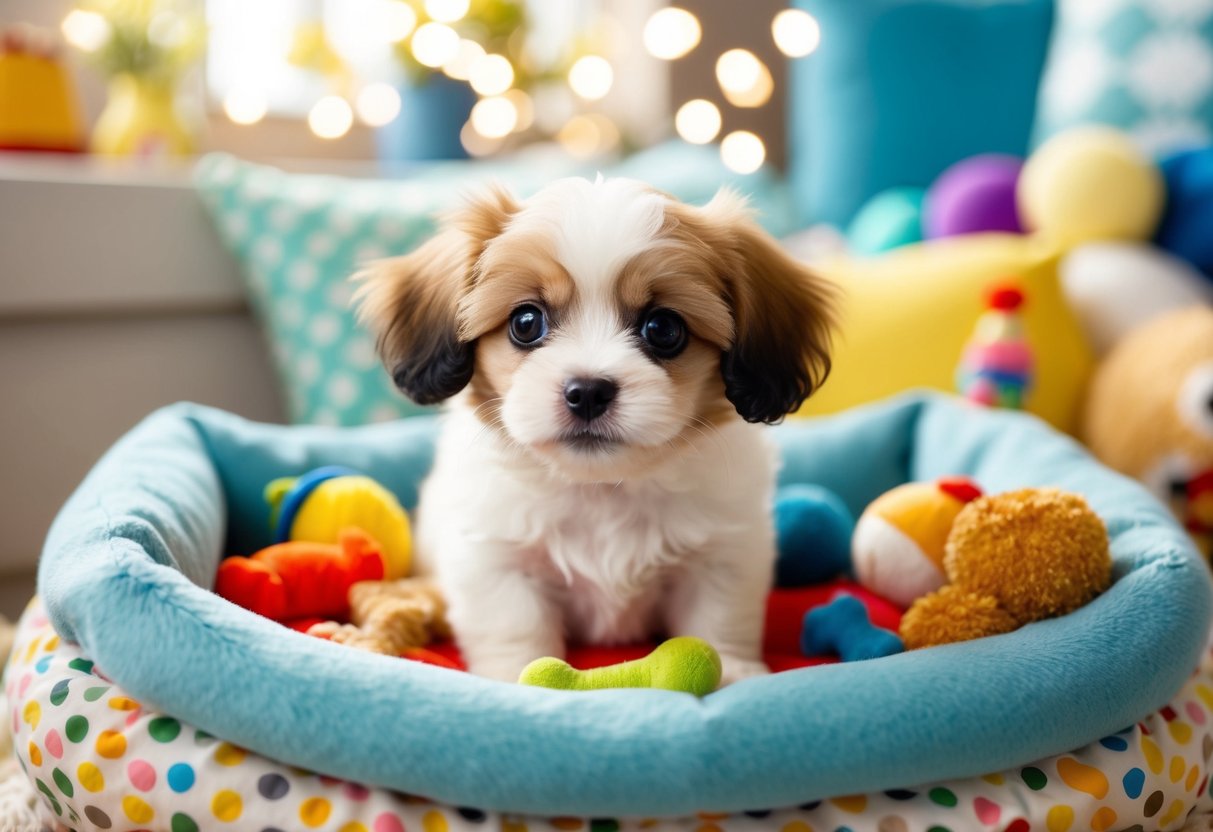 A small, fluffy puppy with big, round eyes and floppy ears sits in a cozy, colorful bed surrounded by toys and treats
