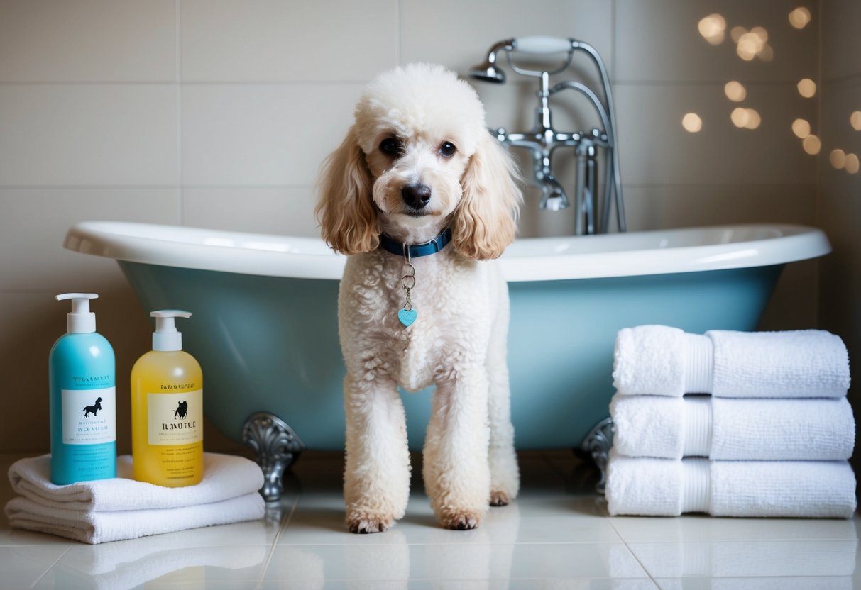 A fluffy white poodle stands in a sparkling bathtub, surrounded by bottles of dog shampoo and a stack of freshly laundered towels