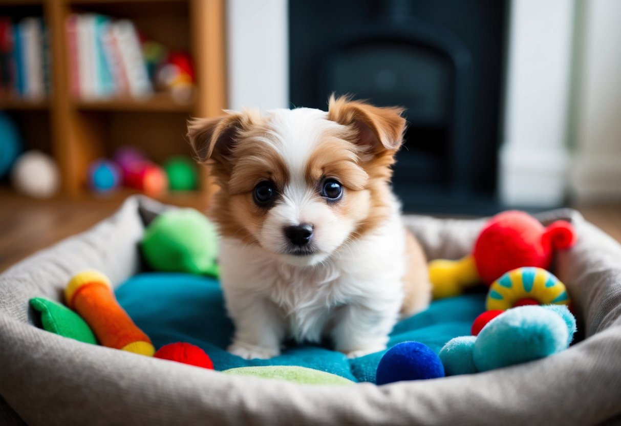A small, fluffy puppy with big, soulful eyes sits in a cozy bed surrounded by colorful toys