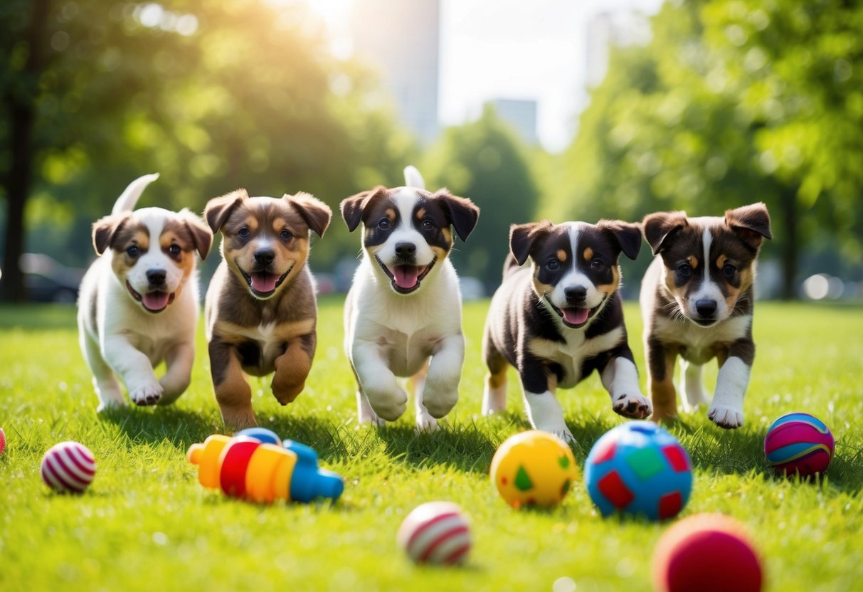A group of adorable mixed-breed puppies playfully romp in a grassy, sunlit park, with a colorful array of toys scattered around them