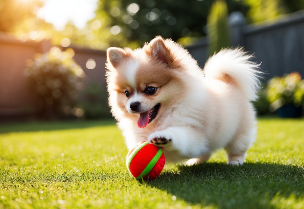 A fluffy Pomeranian puppy playing with a toy in a sunlit garden