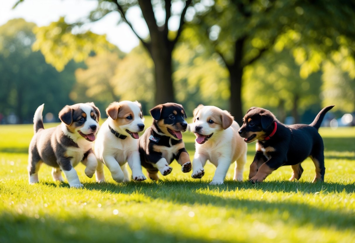 A group of adorable puppies of various breeds playfully interact in a sunny park, showcasing their unique cuteness