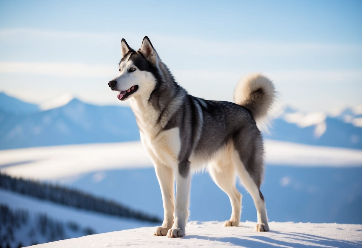 A majestic Siberian husky standing on a snowy mountaintop, gazing into the distance with a sense of adventure and determination