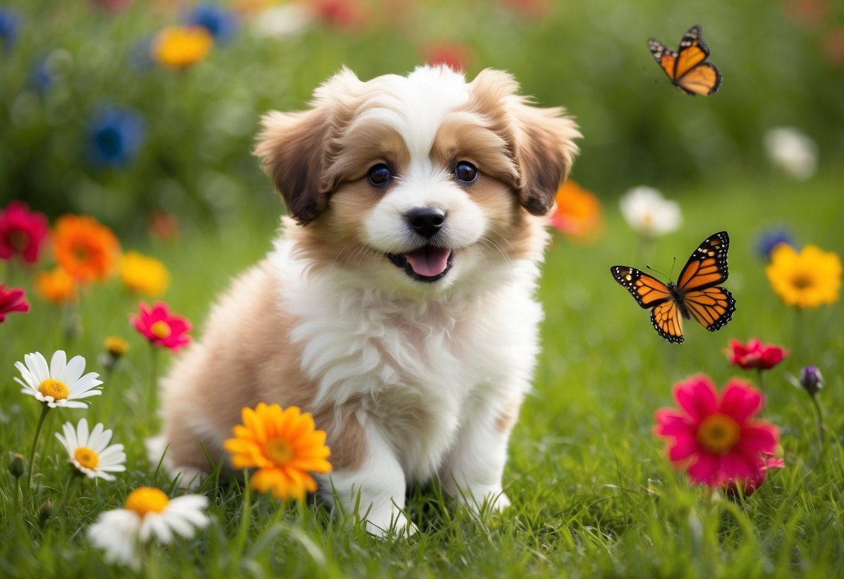 A fluffy, small breed puppy sits on a grassy field, surrounded by colorful flowers and butterflies. Its adorable face and playful expression make it the perfect companion for anyone