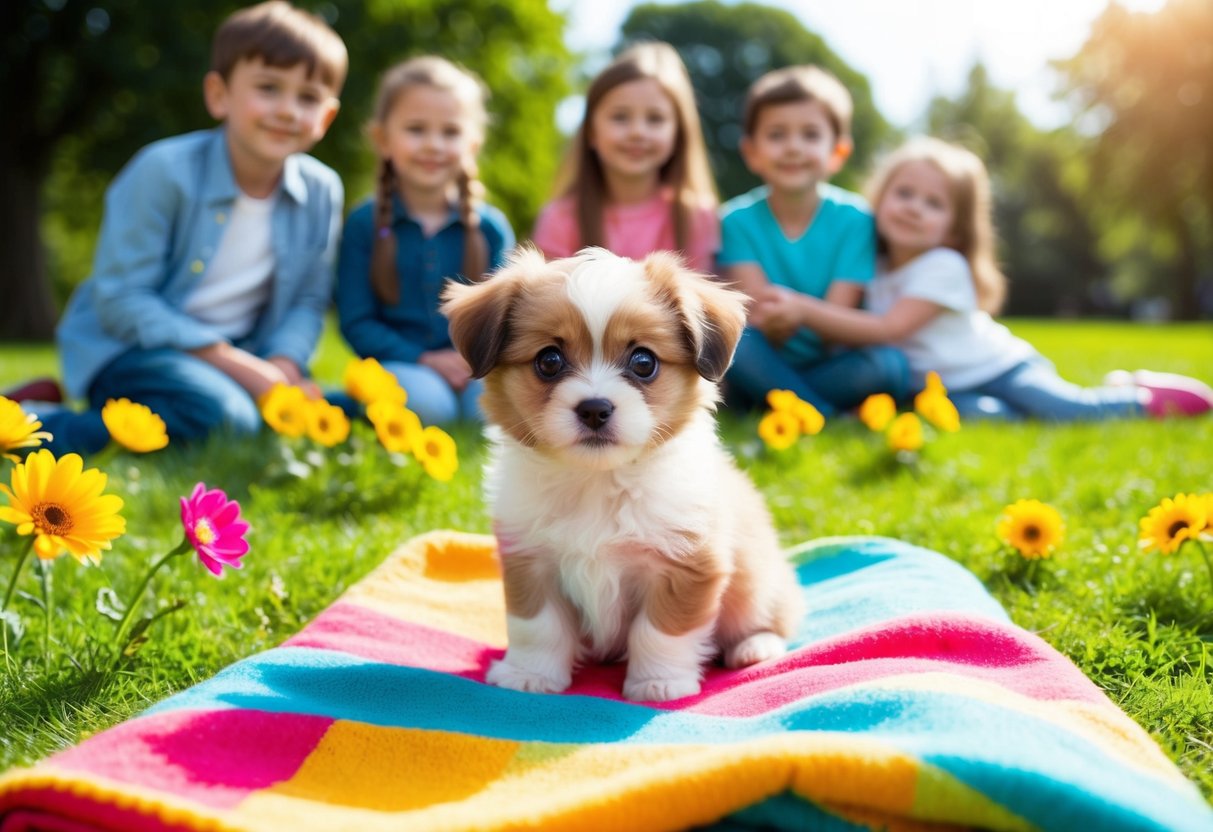 A small, fluffy puppy with big, round eyes sits on a colorful blanket in a sunny park, surrounded by vibrant flowers and smiling children
