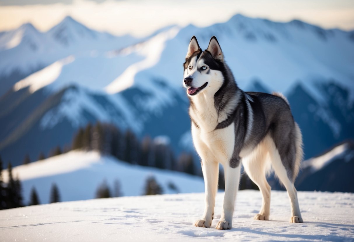 A majestic Siberian husky stands proudly on a snowy mountaintop, gazing out into the distance with a sense of adventure and freedom