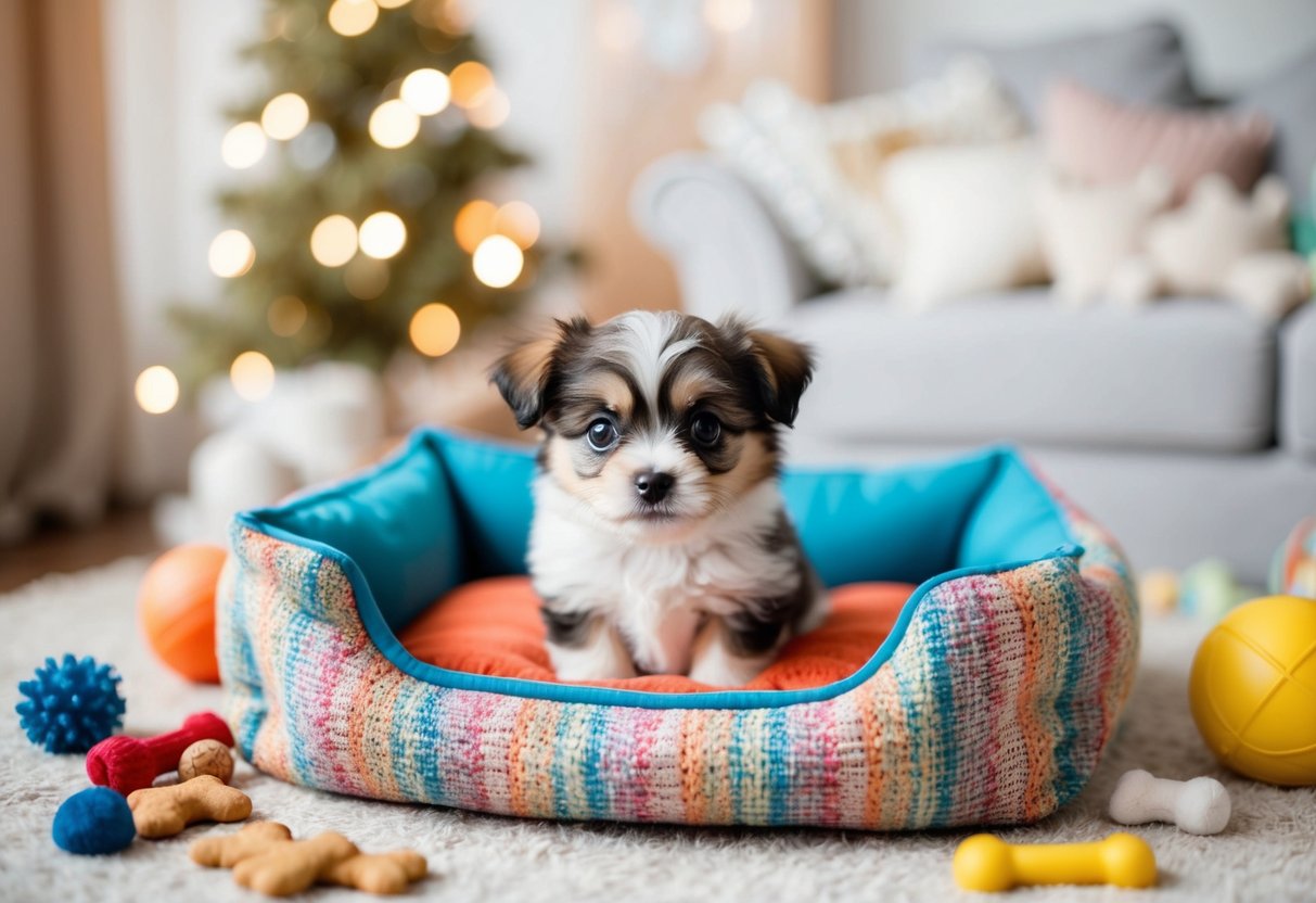 A small, fluffy puppy with big eyes sits in a cozy, colorful pet bed, surrounded by toys and treats