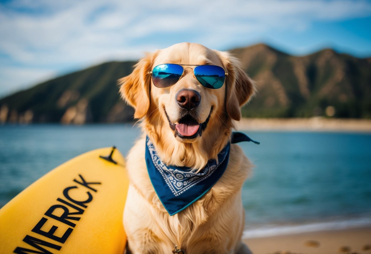 A golden retriever wearing sunglasses and a bandana, holding a surfboard with the name "Maverick" written on it