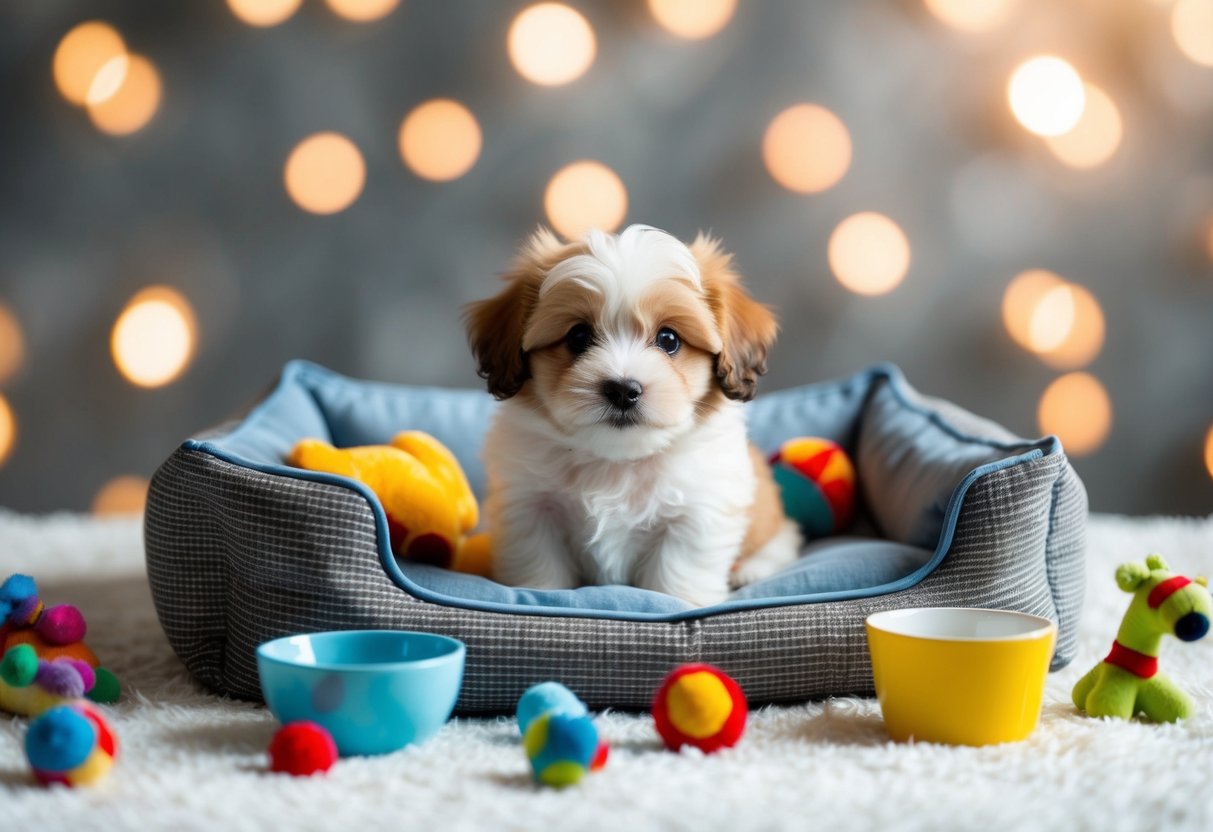 A small, fluffy puppy sits in a cozy bed surrounded by toys and a bowl of water