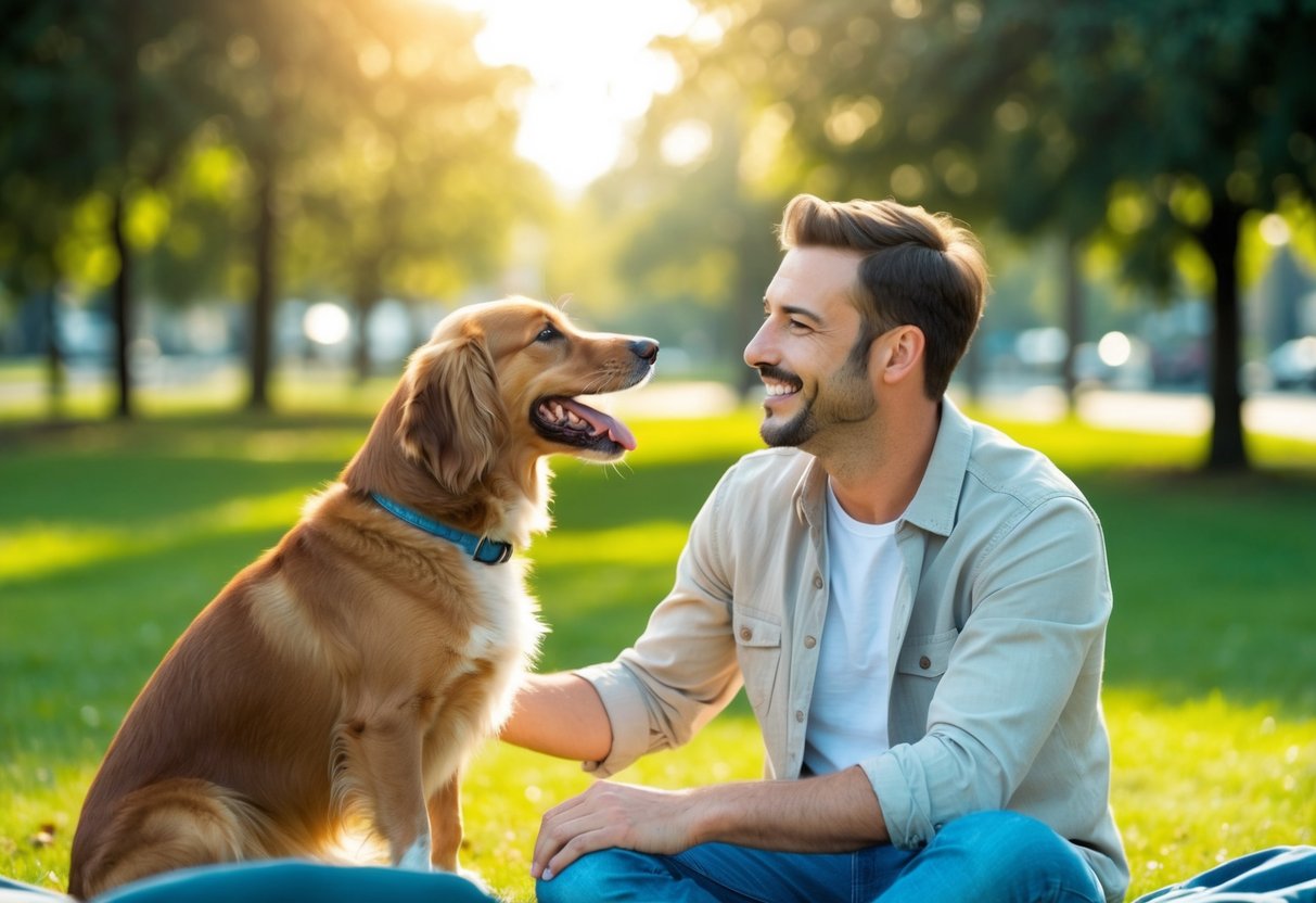 A dog and its owner share a moment of connection, the dog's tail wagging happily as they sit together in a sunlit park