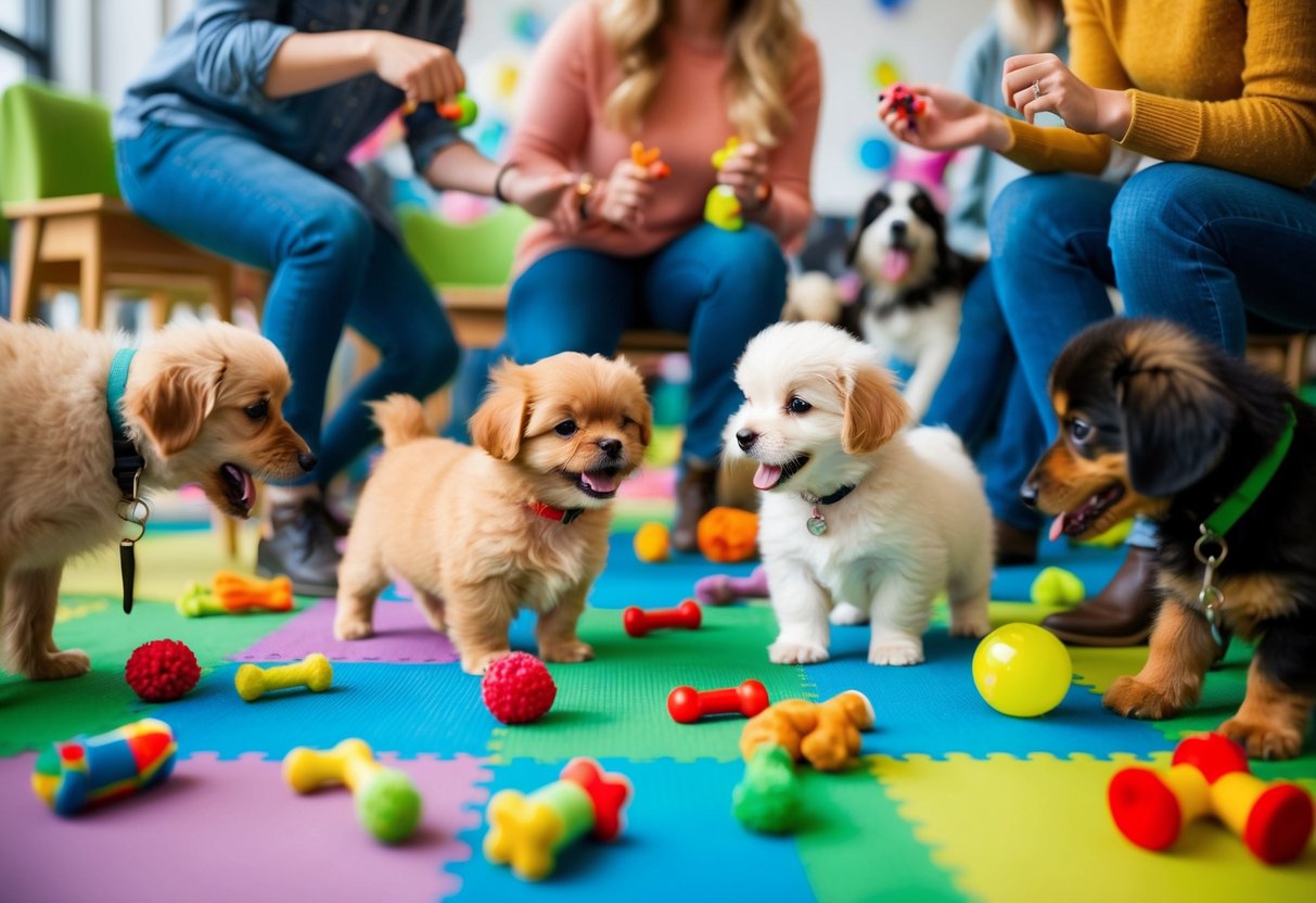 A small, fluffy puppy surrounded by toys and treats, happily interacting with other dogs and people at a lively and colorful dog training and socialization class