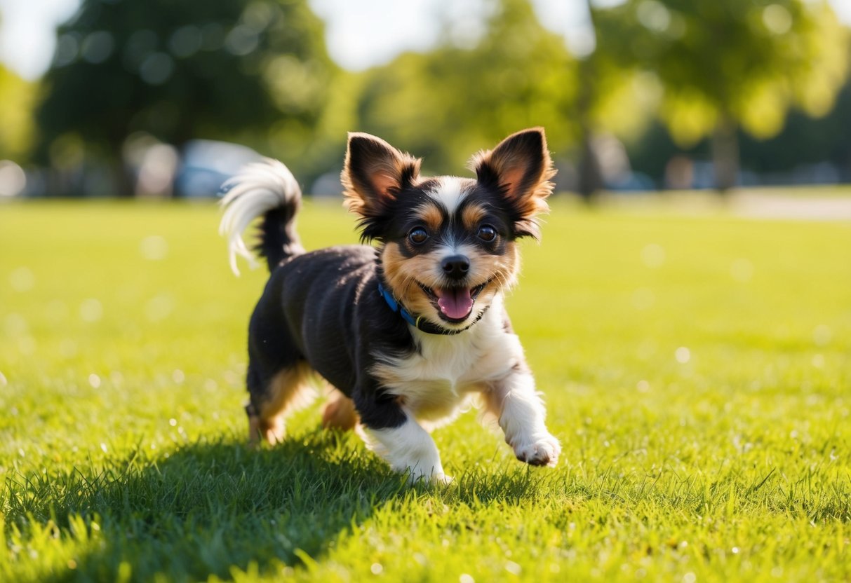 A small, adorable mixed-breed dog happily playing in a sunny, grassy park