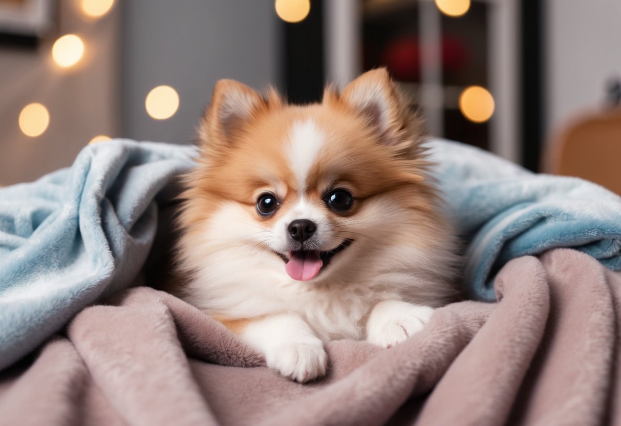 A fluffy Pomeranian puppy with big round eyes and a tiny pink tongue peeks out from a pile of soft blankets, looking adorable