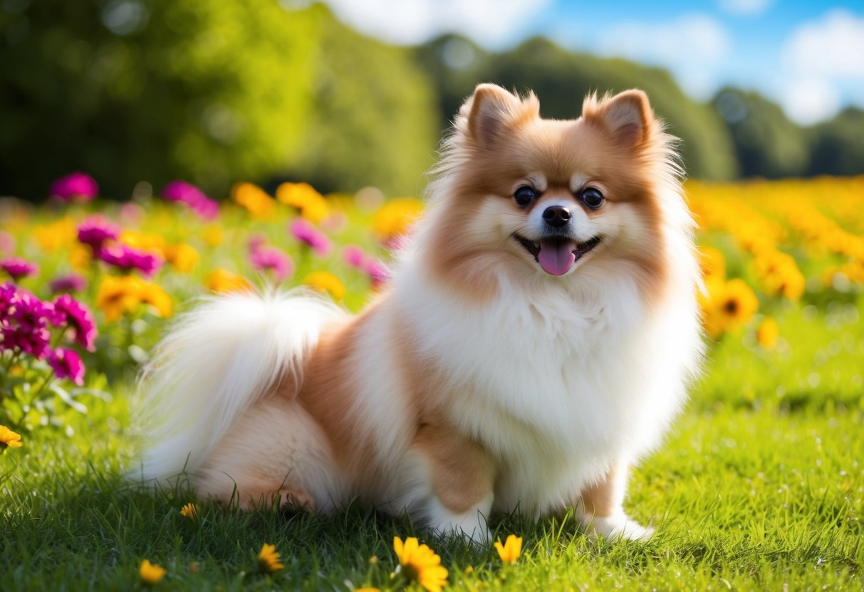 A fluffy Pomeranian sits on a grassy field, surrounded by colorful flowers, with a bright blue sky in the background