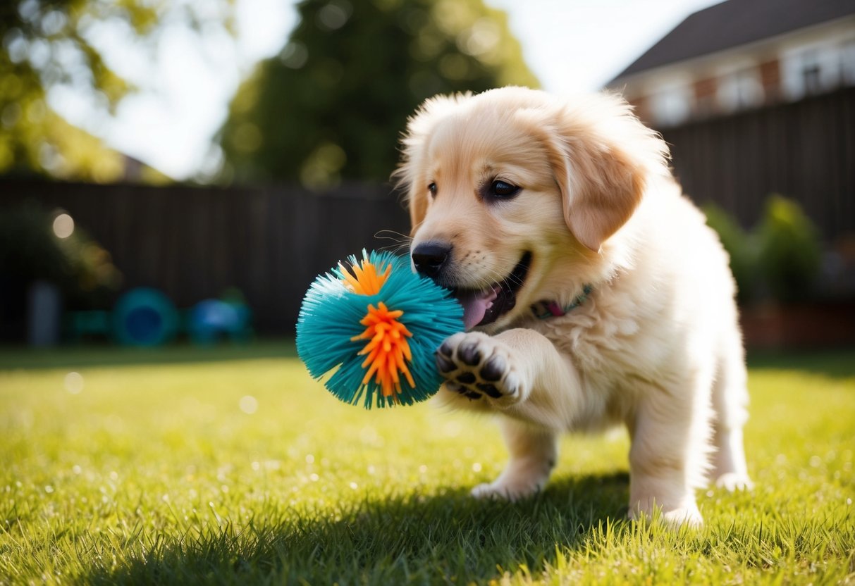 A fluffy golden retriever puppy playing with a squeaky toy in a sunlit backyard