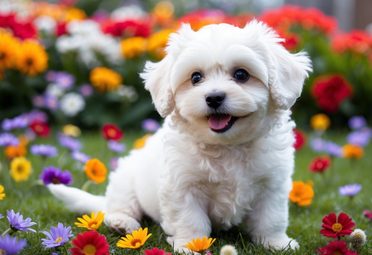 A small, white Bichon Frise puppy with a fluffy coat, big round eyes, and a playful expression, sitting in a bed of colorful flowers