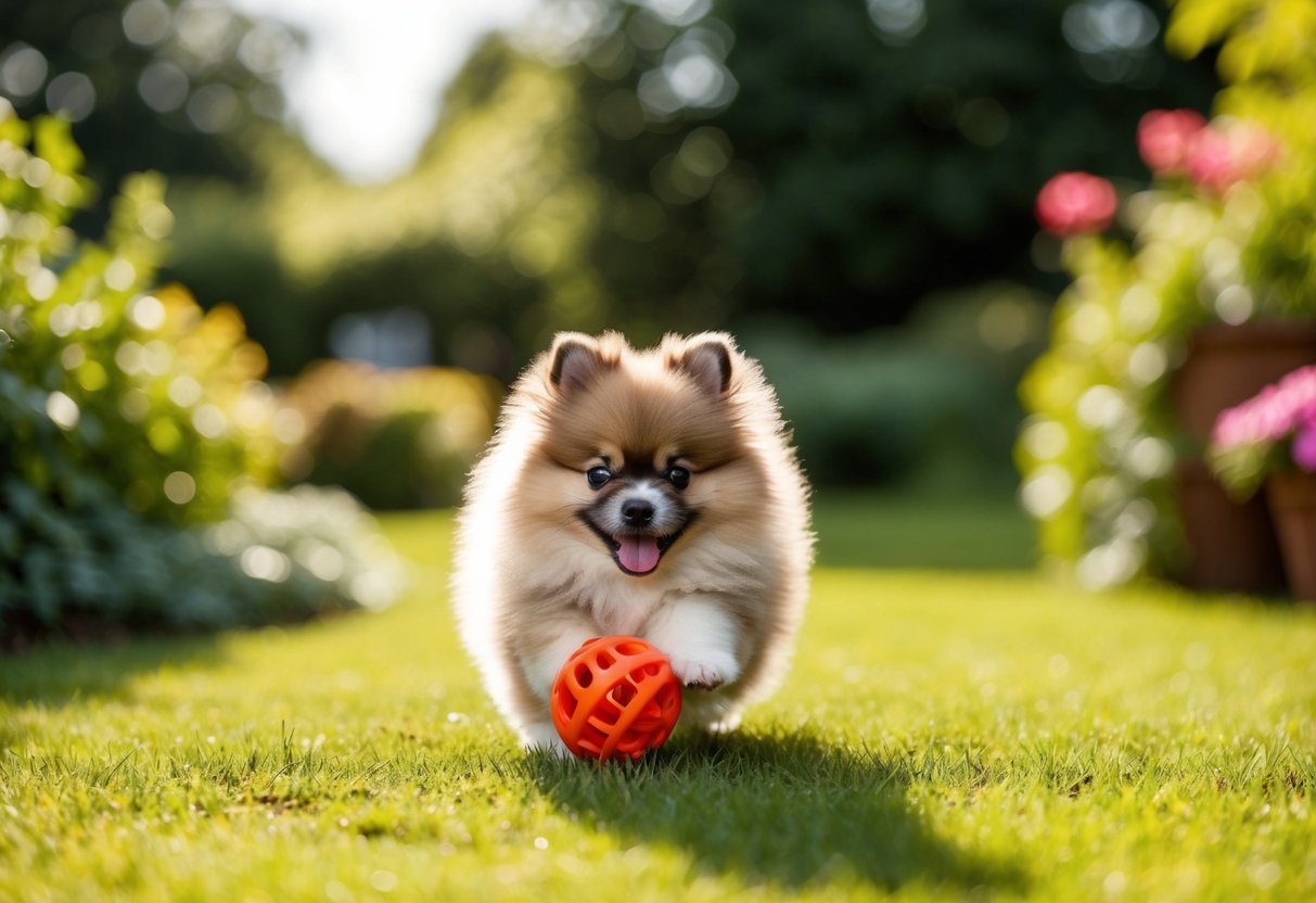 A fluffy Pomeranian puppy playing with a toy in a sunlit garden