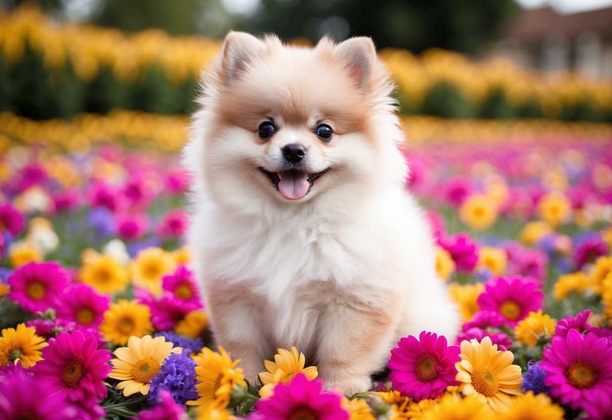 A fluffy Pomeranian puppy with big round eyes and a tiny pink tongue, sitting on a bed of colorful flowers
