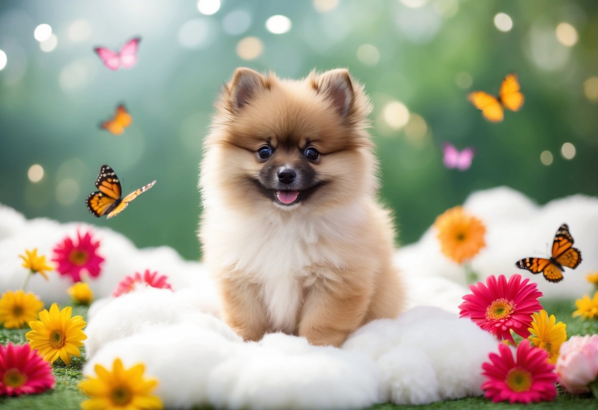 A fluffy Pomeranian puppy sitting on a bed of soft, white clouds, surrounded by colorful flowers and butterflies