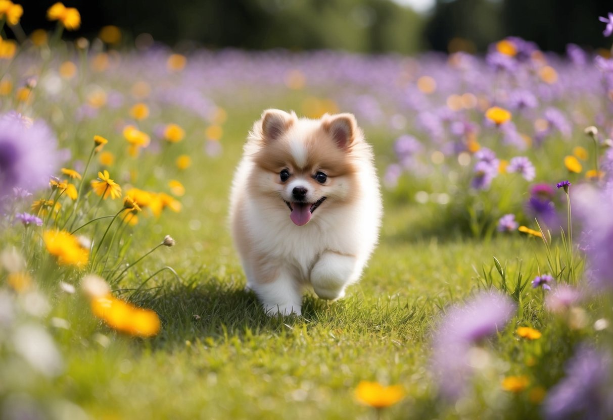 A fluffy Pomeranian puppy playing in a field of flowers