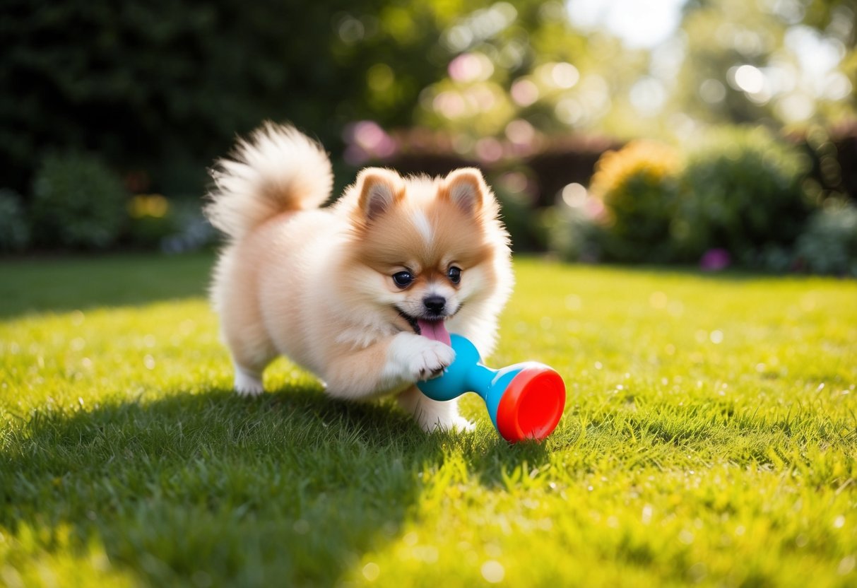 A fluffy Pomeranian puppy playing with a squeaky toy in a sunlit garden