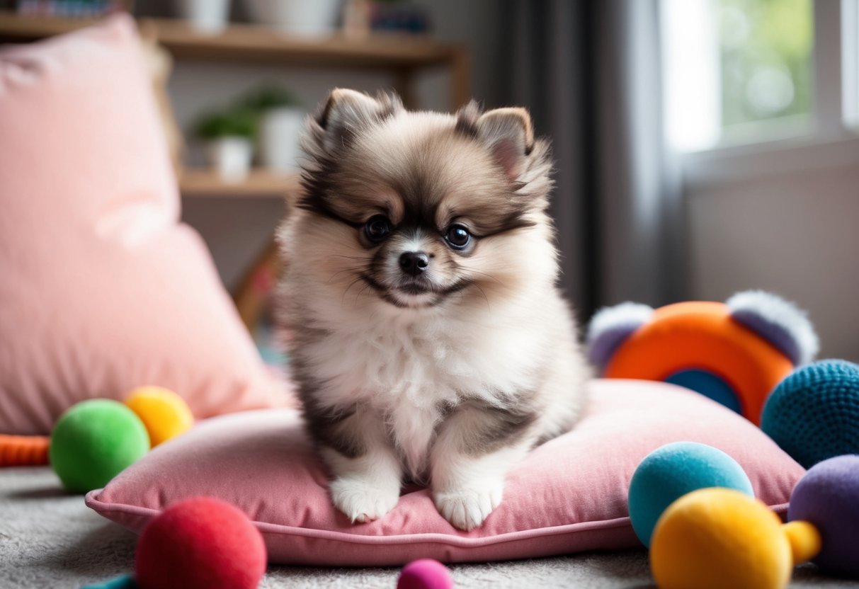A fluffy Pomeranian puppy, with big round eyes and a tiny button nose, sits on a soft pink pillow, surrounded by colorful toys