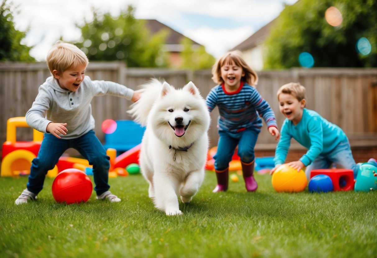 A fluffy white Samoyed dog playing with children in a backyard full of toys and laughter