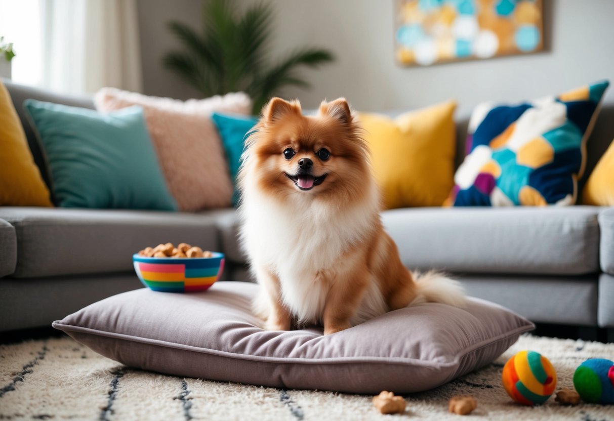 A small fluffy Pomeranian dog sitting on a plush cushion in a cozy living room, surrounded by colorful toys and a bowl of treats