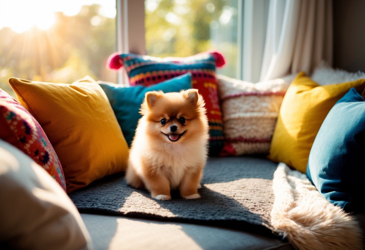 A small fluffy Pomeranian puppy sits on a cozy window seat, surrounded by colorful pillows and bathed in warm sunlight