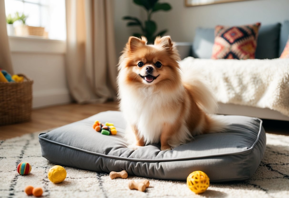 A small, fluffy Pomeranian dog sitting on a cozy, cushioned bed in a sunlit room, surrounded by toys and treats